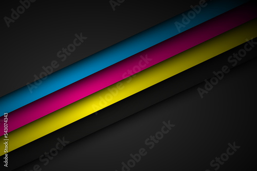 Abstact vector background with lines in cmyk colors. Triangle overlap layers on black background with free space for your design