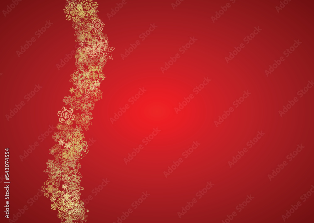 Christmas snowflakes on red background. Horizontal glitter frame for winter banner, gift coupon, voucher, ads, party event. Santa Claus color with golden Christmas snowflakes. Falling snow for holiday