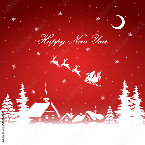 Santa Claus and gifts in sleigh with reindeer pulling the sleigh on rural background.
