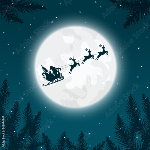 Santa Claus and gifts in sleigh with reindeer pulling the sleigh on the moon background.