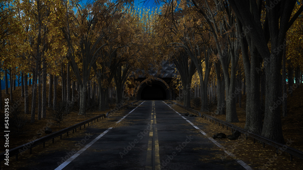 Long straight empty road through a forest leading into a tunnel. 3D rendering.
