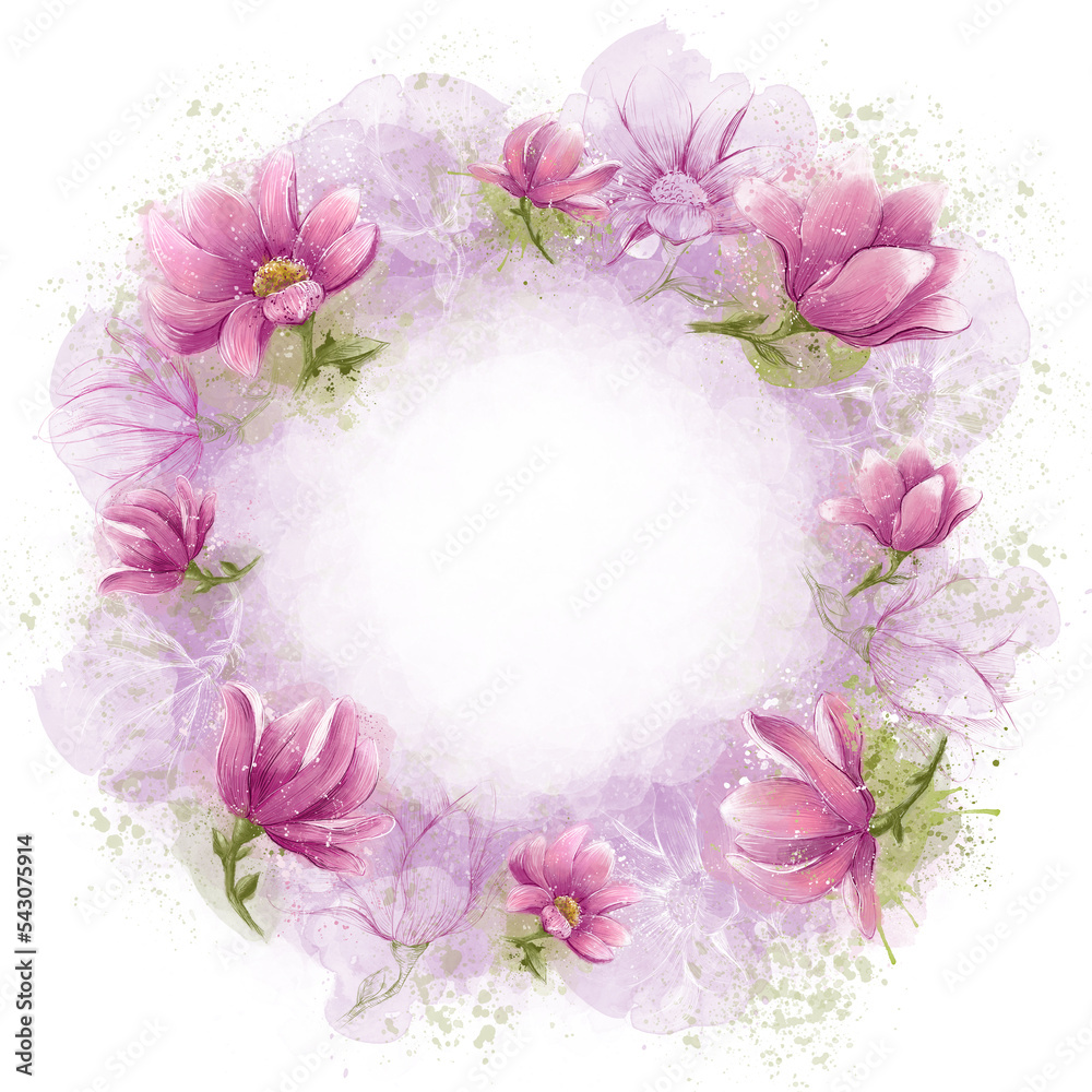 A bouquet of floral elements, buds and leaves. Round watercolor wreath of magnolia buds on a white background