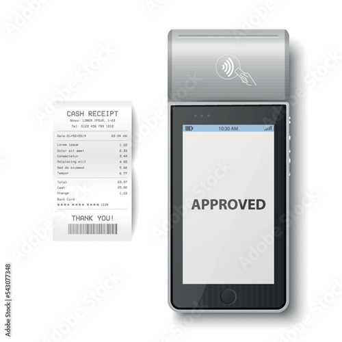 Vector 3d NFC Payment Machine with Approved Status, Paper Check, Receipt Isolated. Wi-fi, Wireless Payment. POS Terminal, Machine Design Template of Bank Payment Contactless Terminal, Mockup. Top VIew