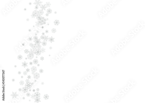 Snowflakes falling on white background. Horizontal Christmas and Happy New Year theme. Silver falling snowflakes for banner, gift card, party invitation, partner compliment and special business offers