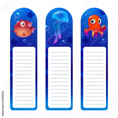 Vector illustration Set of four bookmarks decorated with fish and water creature hand drawn elements. Bookmarks with modern creative design for children printable template