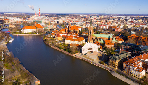 Print op canvas Picturesque view from drone of city of Wroclaw with Ostrow Tumski island and Cathedral of St