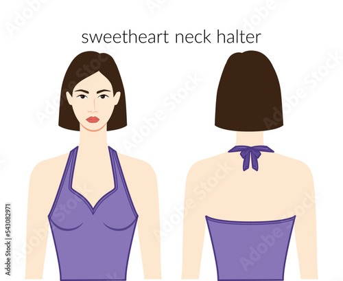 Sweetheart neckline halter clothes character beautiful lady in violet top, shirt, dress technical fashion illustration with fitted body. Flat apparel template front, back. Women, men unisex CAD mockup