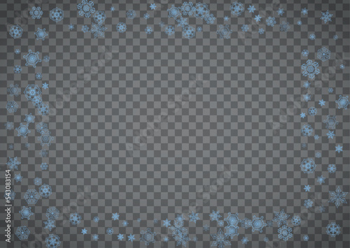 Snowflakes frame on transparent background. Christmas and Happy New Year. Isolated horizontal snowflakes frame for banners, gift cards, party invitation, partner compliment and special business offer