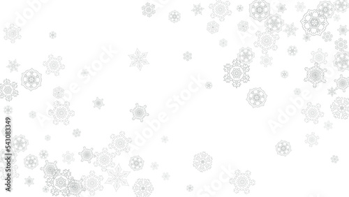 Snowflakes falling on white background. Horizontal Christmas and Happy New Year theme. Silver falling snowflakes for banner, gift card, party invitation, partner compliment and special business offers