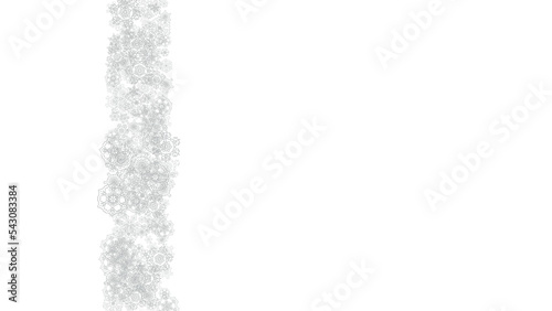 Snowflakes falling on white background. Horizontal Christmas and Happy New Year theme. Silver falling snowflakes for banner, gift card, party invitation, partner compliment and special business offers