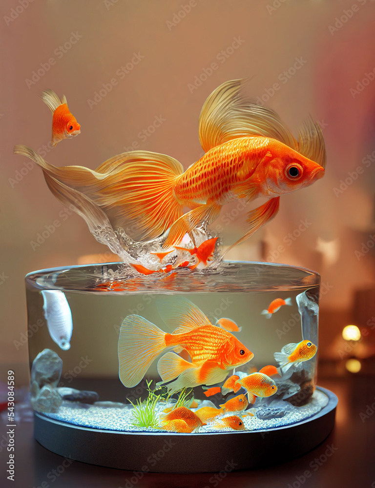 Goldfish jumping out of an overcrowded bowl aquarium. Concept of freedom of  choice and change, independence and non-conformism. Concept of liberty and  breaking free and job change. 3D illustration. Stock Illustration |