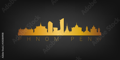 Phnom Penh, Cambodia Gold Skyline City Silhouette Vector. Golden Design Luxury Style Icon Symbols. Travel and Tourism Famous Buildings.
