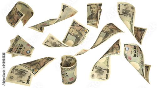 Set of 10000 Japanese yen notes flying in different angles and orientations isolated on white background