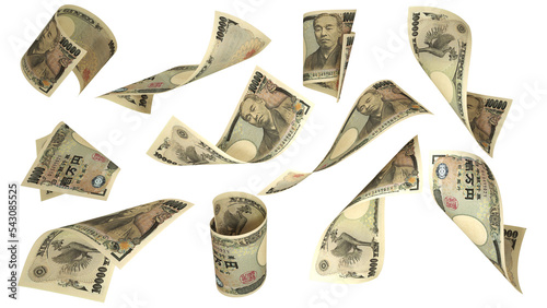 Foto Set of 10000 Japanese yen notes flying in different angles and orientations isol