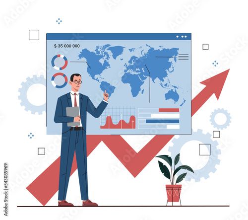 Investor presentation concept. Economist with glasses on background of graphs and diagrams. Financial literacy and passive income. Poster or banner for website. Cartoon flat vector illustration