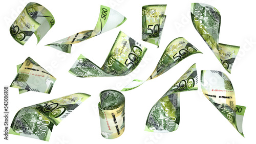 Foto 3D rendering of 500 Kenyan shilling notes flying in different angles and orienta
