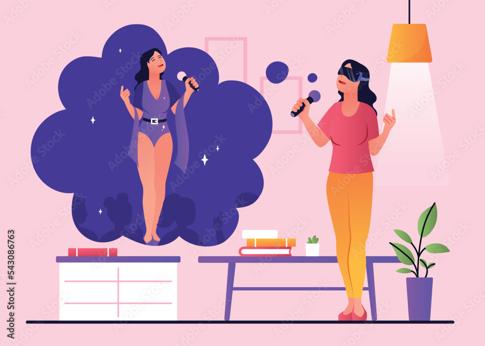 Virtual reality singing. Young girl with microphone in vr glasses ...