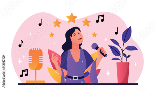 Singer with microphone. Young girl performs on stage, creative person and public speaking. Isexism and creativity. Poster or banner for website. Talented musician. Cartoon flat vector illustration