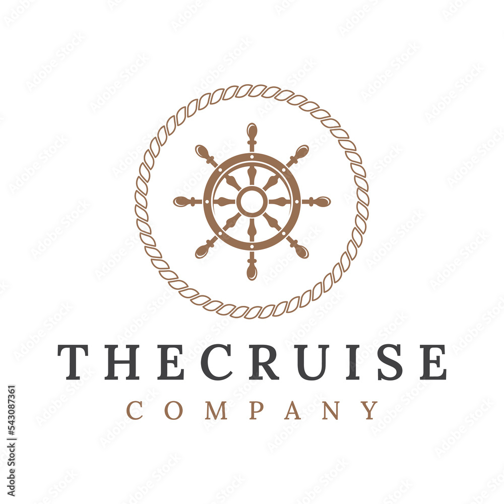 Cruise ship rudder logo template design with retro waves, ropes and anchors. Logo for business, sailors, sailing.