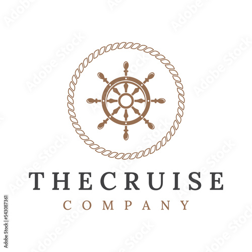 Cruise ship rudder logo template design with retro waves, ropes and anchors. Logo for business, sailors, sailing.