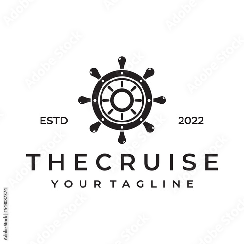 Cruise ship rudder logo template design with retro waves, ropes and anchors. Logo for business, sailors, sailing.