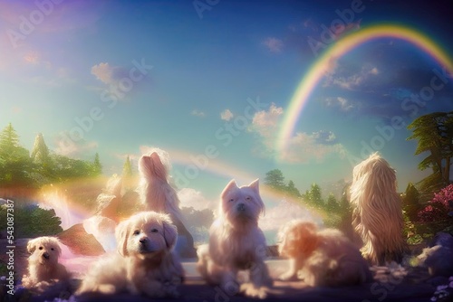 Dogs and cats live eternally in heavenly paradise by rainbow bridge, ethereal clouds, and sunbeams in beautiful fairy garden. Dogs and cats live in eternal Eden in this concept of pet life after death