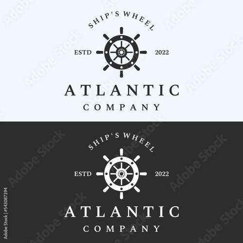 Cruise ship rudder logo template design with retro waves, ropes and anchors. Logo for business, sailors, sailing.