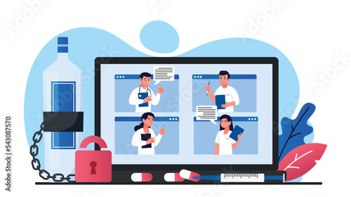 Online therapy concept. Men and women consult patients online, video conference and call. Diagnosis and choice of treatment. Remote workers, health care metaphor. Cartoon flat vector illustration