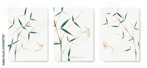Luxury art background with tropical bamboo plant and birds in golden line art style. Botanical vector set with exotic plants for wallpaper, print, decor, textile, interior design.