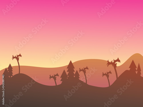 Vector Landscape Sunset in the desert Mountains Silhouette