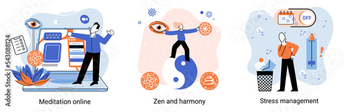 Meditation online. Self-management, self regulation learning, self-organization course, control over emotions metaphor Online yoga at home meditating. Deals with stress management, zen and harmony