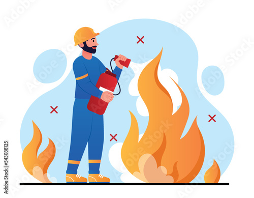 Firefighter at workplace. Man with fire extinguisher extinguishes bonfire. Rescuer from danger. Poster or banner for website. Safety and protection, hero at work. Cartoon flat vector illustration