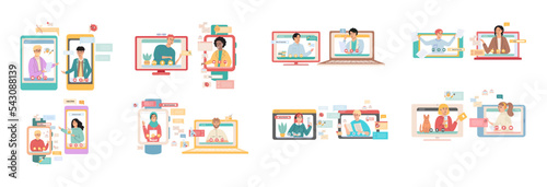 Virtual meeting, online teamwork. Desktop computer with group of colleagues taking part in video conference. Software for videoconferencing and online communication. Online skull session, webinar