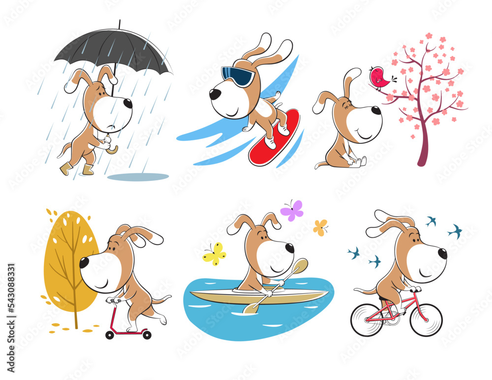 Cartoon Funny Cute Dog Puppy practicing sport, outdoors activities, healthy life style, fitness, snowboarding, biking, kayaking, kick scooter, walking, enjoying nature. Cartoon Funny Cute Dog Puppy practicing sport, outdoors activities, healthy life style, fitness, snowboarding, biking, kayaking, kick scooter, walking, enjoying nature.