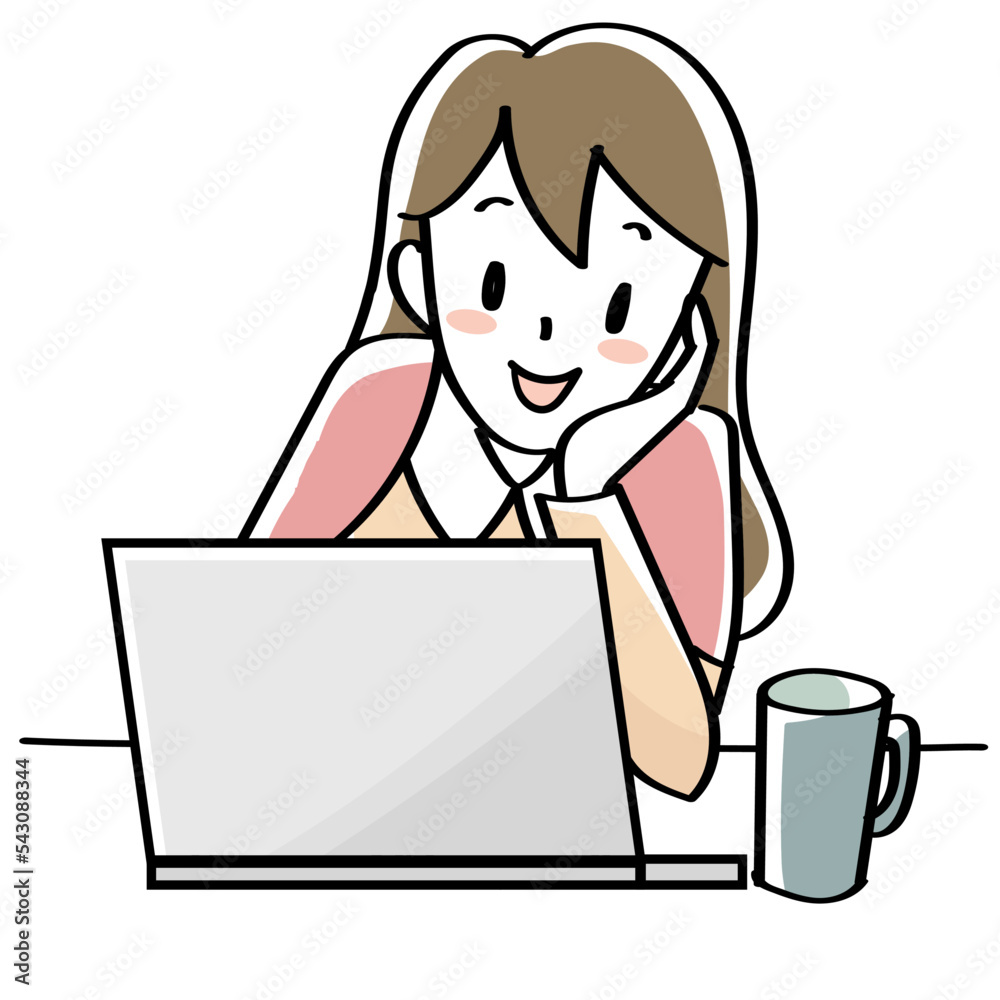 笑顔でノートパソコンを見る若い女性の上半身 笑顔でノートパソコンを見る若い女性の上半身