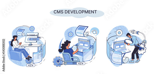 Digital content management system, CMS development software metaphor. Information system or computer program enable organize collaborative process of creating, editing and managing soft in network