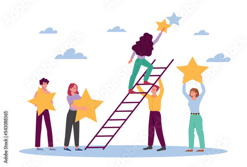 Feedback teamwork concept. Men and women hold ladder to help lift stars from sky. Poster or banner for website. Collaboration and cooperation. Partners and colleagues. Cartoon flat vector illustration