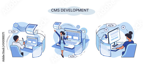 Digital content management system, CMS development software metaphor. Information system or computer program enable organize collaborative process of creating, editing and managing soft in network