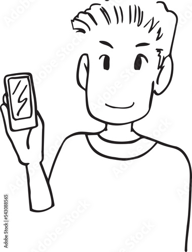 スマホを持つお父さん　線画　モノクロ