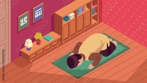 Isometric Young Man Prostrate In The Praying Room Illustration