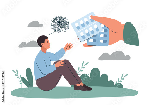 Sad man concept. Large hand holds out pills and medicines to young guy. Depression and frustration, psychological help and support. Mental health and sadness. Cartoon flat vector illustration