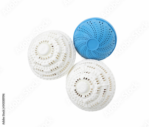 Many dryer balls for washing machine on white background, top view. Laundry detergent substitute