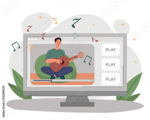 Musical blogger concept. Man sits with guitar and sings, creates interesting content for social media. Earnings on Internet, creative personality and passive income. Cartoon flat vector illustration