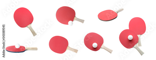 Set with ping pong rackets and balls on white background, banner design