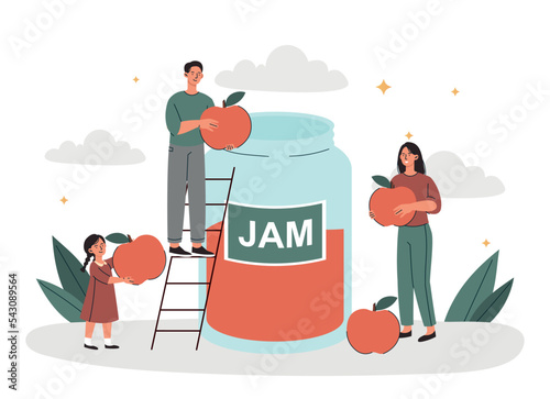 People with jam. Young guy and girl with large fruits and berries near glass jar prepare sweets, dessert and delicacy, gourmet. Poster or banner for website. Cartoon flat vector illustration
