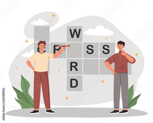 People with crossword. Man and woman fill in empty fields with letters. Riddle and task for erudition, test of knowledge. Entertainment and useful hobby and leisure. Cartoon flat vector illustration