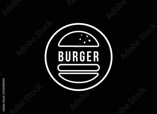 Burger factory logo. Hamburger restaurant emblem. Linear flat logo. Big burger and letters on a dark background.