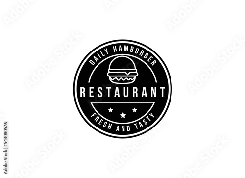 Burger factory logo. Hamburger restaurant emblem. Linear flat logo. Big burger and letters on a dark background.