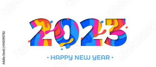 Fotografie, Obraz 2023 Happy New Year paper cut greeting card