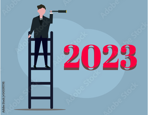 2023年の夢を決めるビジネスマン。新年の目標、将来、ビジネス、進化。ベクターイラスト